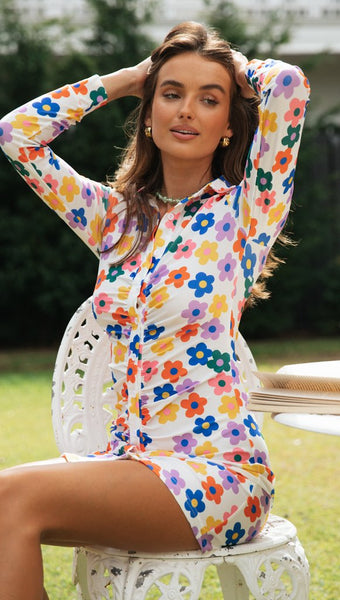 Colorful Sunflower Button Down Dress