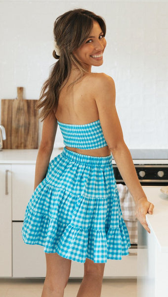 Blue Gingham Print Crop Top and Skirt Sets