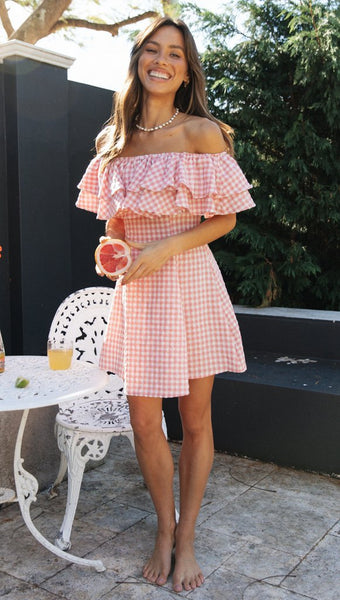 Pink Plaid Off Shoulder Dress