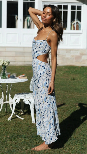 Blue Floral Cutout Waist Slip Dress