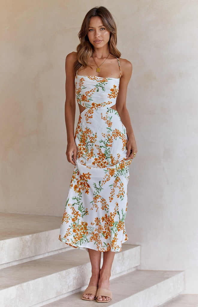 White Floral Cutout Waist Slip Dress – Gabi Swimwear