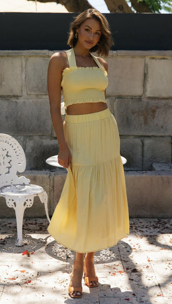Yellow Smocked Crop Top and Skirt Sets