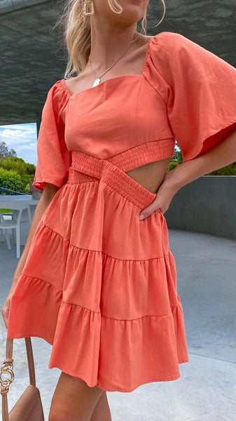 Orange Cutout Waist Mini Dress