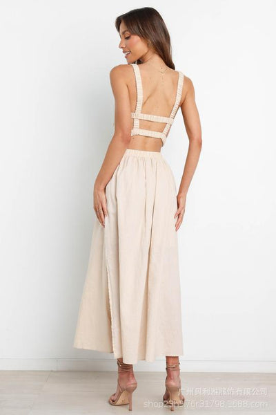 Beige Backless Crop Top and Skirt Sets