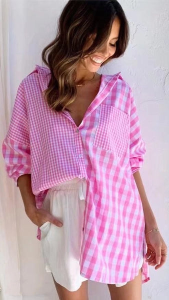 Pink Gingham Print Button Down Shirt