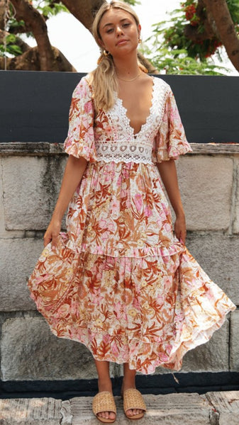 Pink Boho Floral Lace Paneled Midi Dress