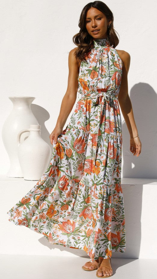 Floral Foliage Print Sleeveless Midi Dress