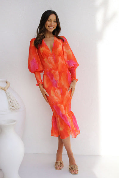 Orange Smocked Fishtail Midi Dress