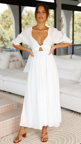 White Solid Front Twist Midi Dress