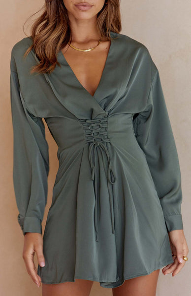 Grey Green Lace Up Mini Dress