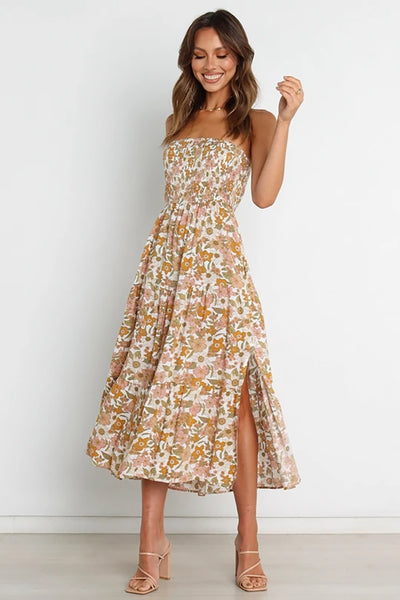 Brown Floral Bandeau Midi Dress