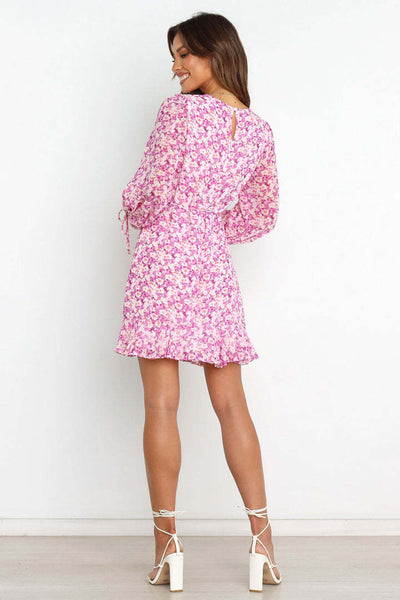 Hot Pink Floral Long Sleeves Mini Dress