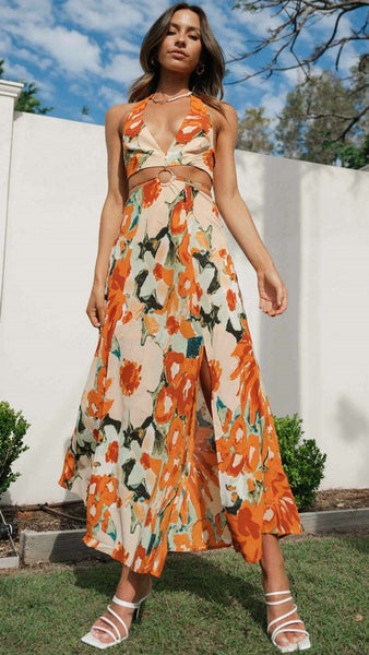 Orange Floral Halter Midi Dress