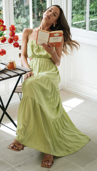 Green Cutout Waist Slip Midi Dress