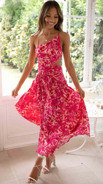 Hot Pink Floral Slip Midi Dress