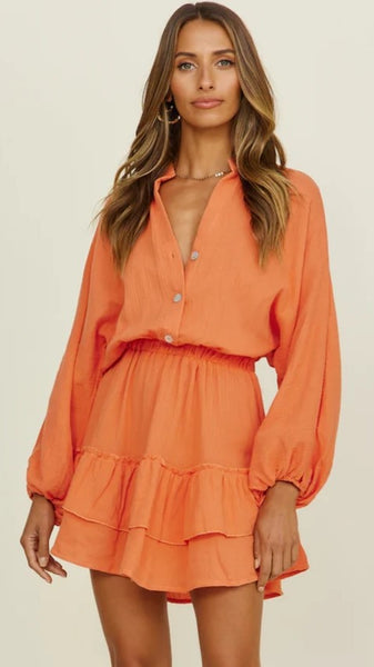 Orange Long Sleeves Shirt Dress