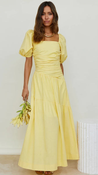 Yellow Pleated Midi Dress