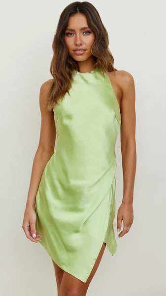 Lime Green Satin Halter Mini Dress