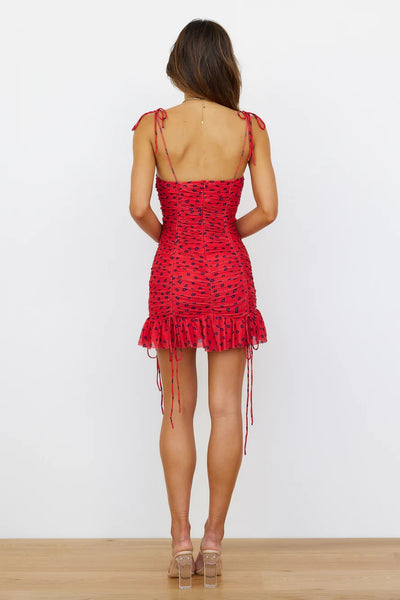 Red Floral Ruched Slip Dress