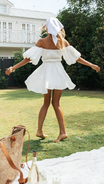 White Off the Shoulder Pleated Dress