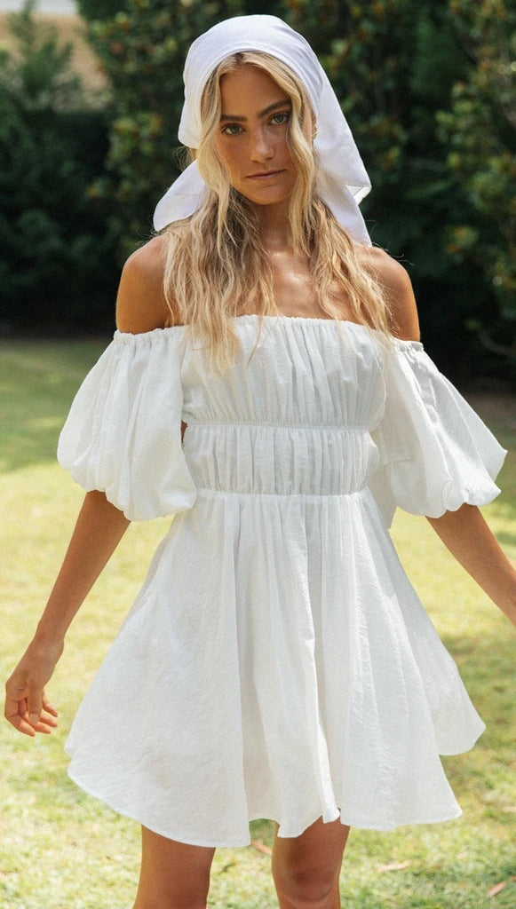 White Off the Shoulder Pleated Dress