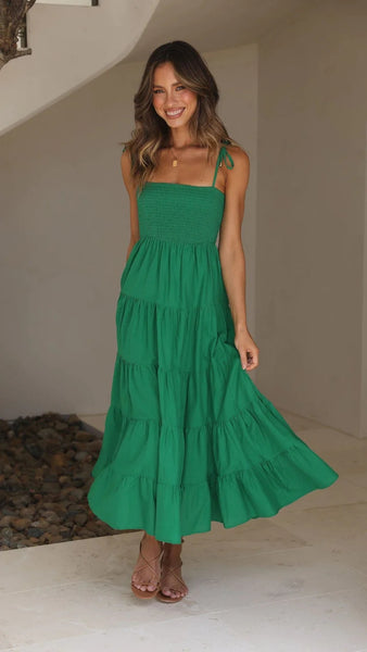 Green Shoulder Tie Tiered Midi Dress