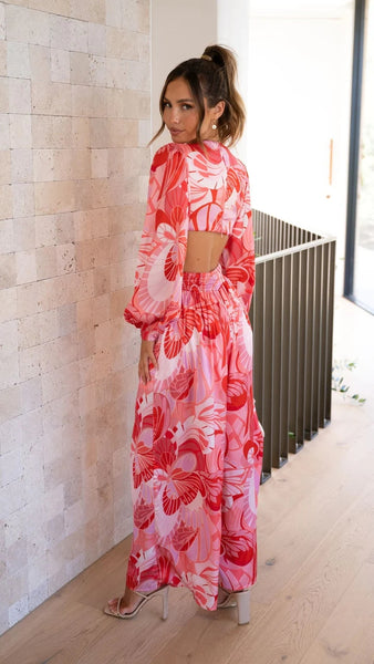 Pink Floral Cutout Waist Jumpsuit