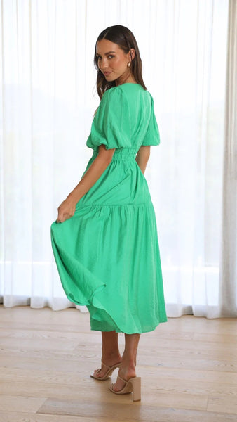 Green Deep V Neckline Tiered Midi Dress