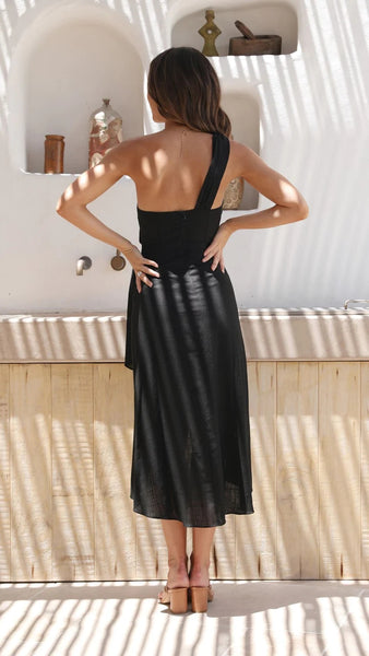 Black One Shoulder Midi Dress