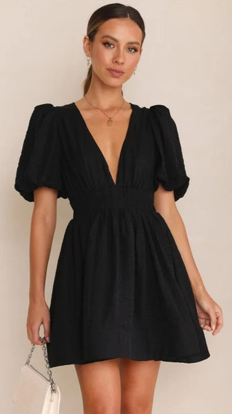 Black Plunging V Neck Mini Dress