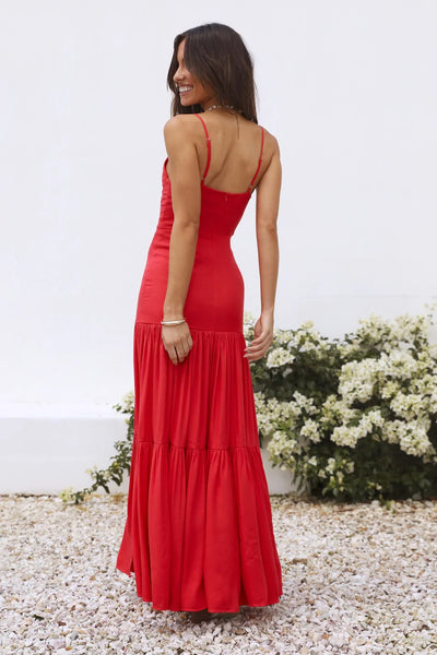 Red High Slit Slip Midi Dress