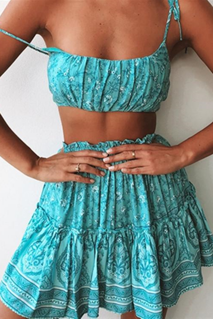 Teal Floral Crop Top and Skirt Matching Sets