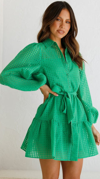 Green Solid Long Sleeves Shirt Dress