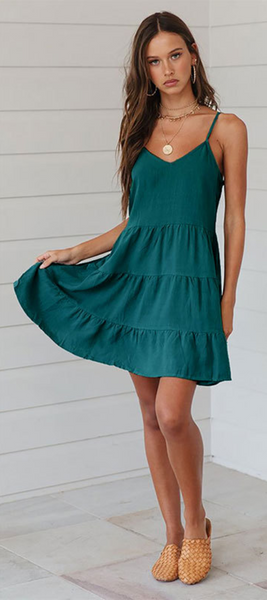 Green Pleated Linen Slip Dress