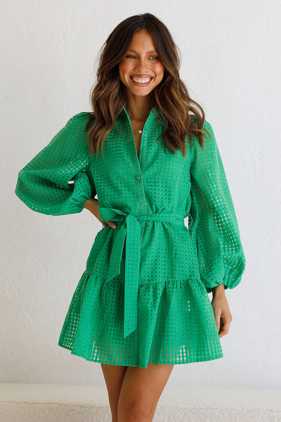 Green Solid Long Sleeves Shirt Dress