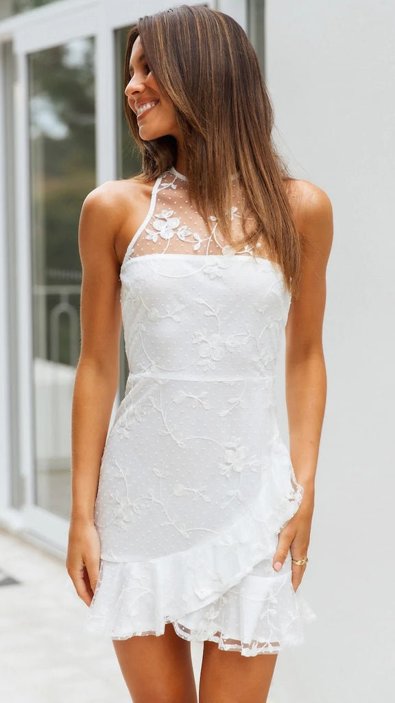 White Crochet Lace Sheer Yoke Mini Dress