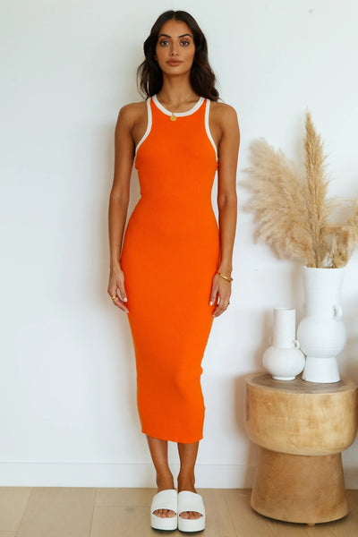 Orange Sleeveless Knit Midi Dress