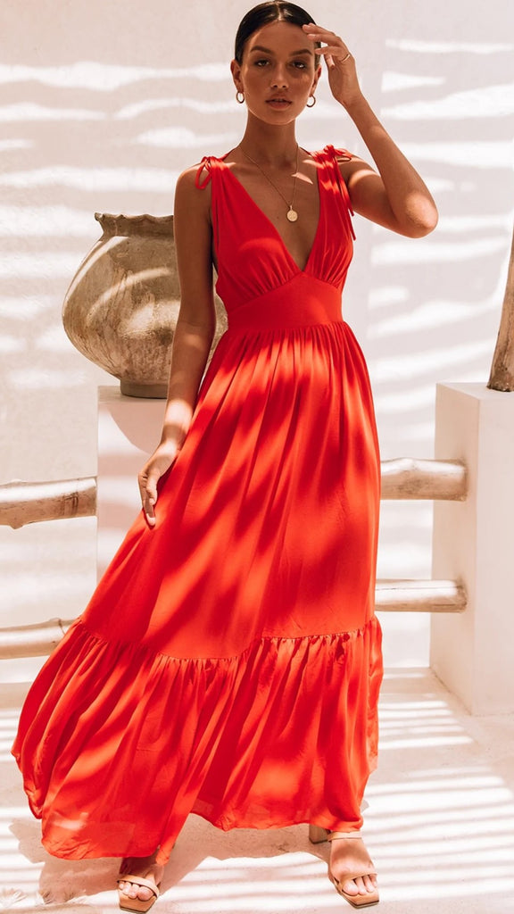 Red Plunging Neckline Maxi Dress