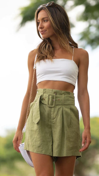 Olive Green Belted Shorts