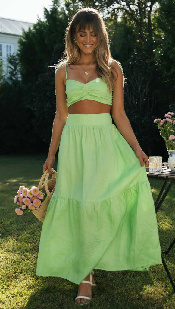 Mint Sage Low Rise Ruffle Maxi Skirt  Varena  motelrockscom