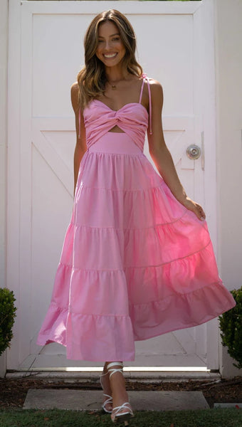 Pink Front Twist Slip Midi Dress