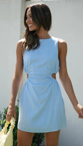 Blue Cutout Waist Mini Dress