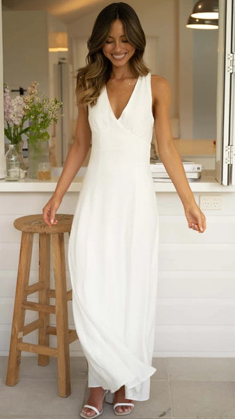 White V Neckline Maxi Dress