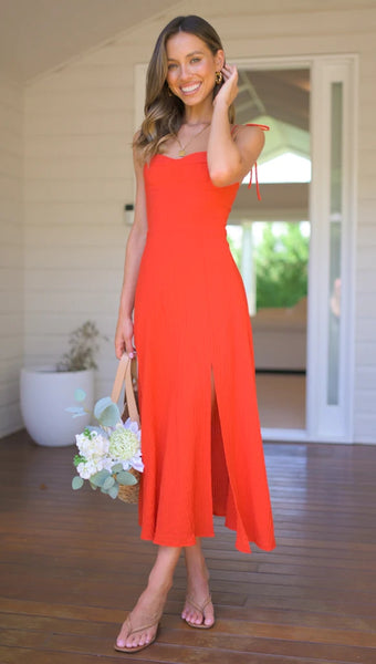 Orange Red Slip Midi Dress