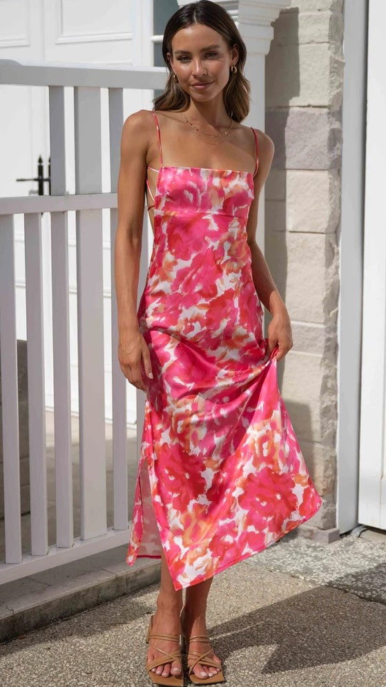 Raspberry Floral Slip Satin Midi Dress