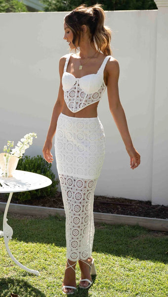 White Crochet Lace Midi Skirts
