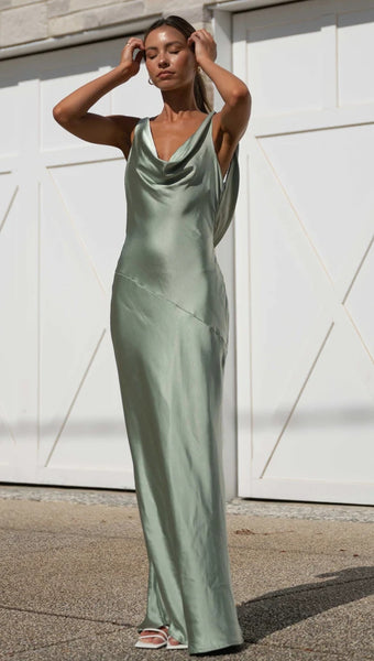 Pistachio Backless Halter Maxi Dress