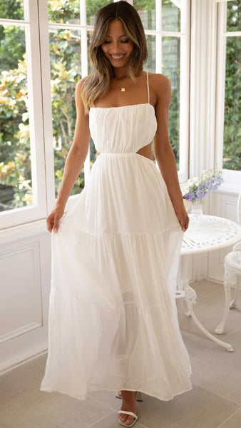 White Cutout Waist Slip Midi Dress