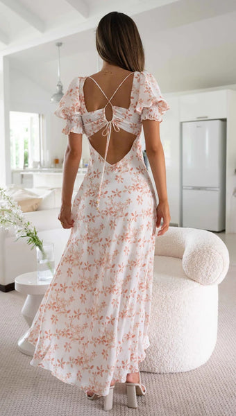 Coral Floral Print Maxi Dress