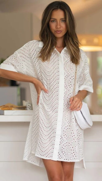 White Crochet Long Sleeves Shirt Dress